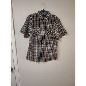Brooklyn State Mens XL Plaid Short Sleeve Button Down Shirt Brown‎ Navy Blue